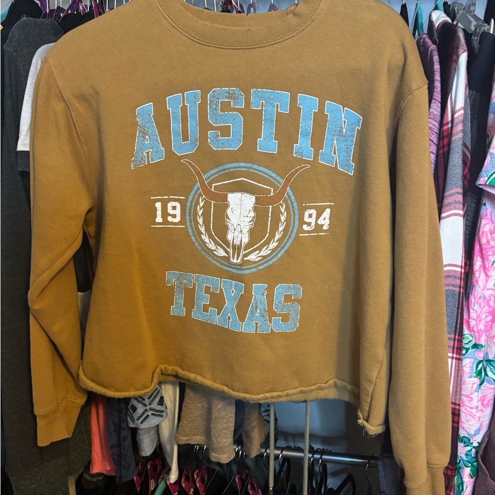 Austin Texas Cropped Graphic Crew Neck Sweater - Brown